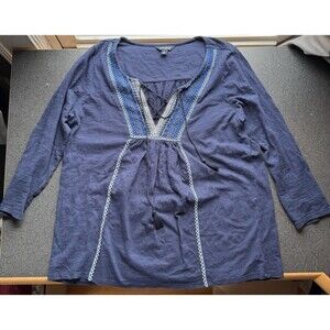 Lucky Brand Top Womens Medium Navy Blue Smocked Boho Casual Hippie Peasant